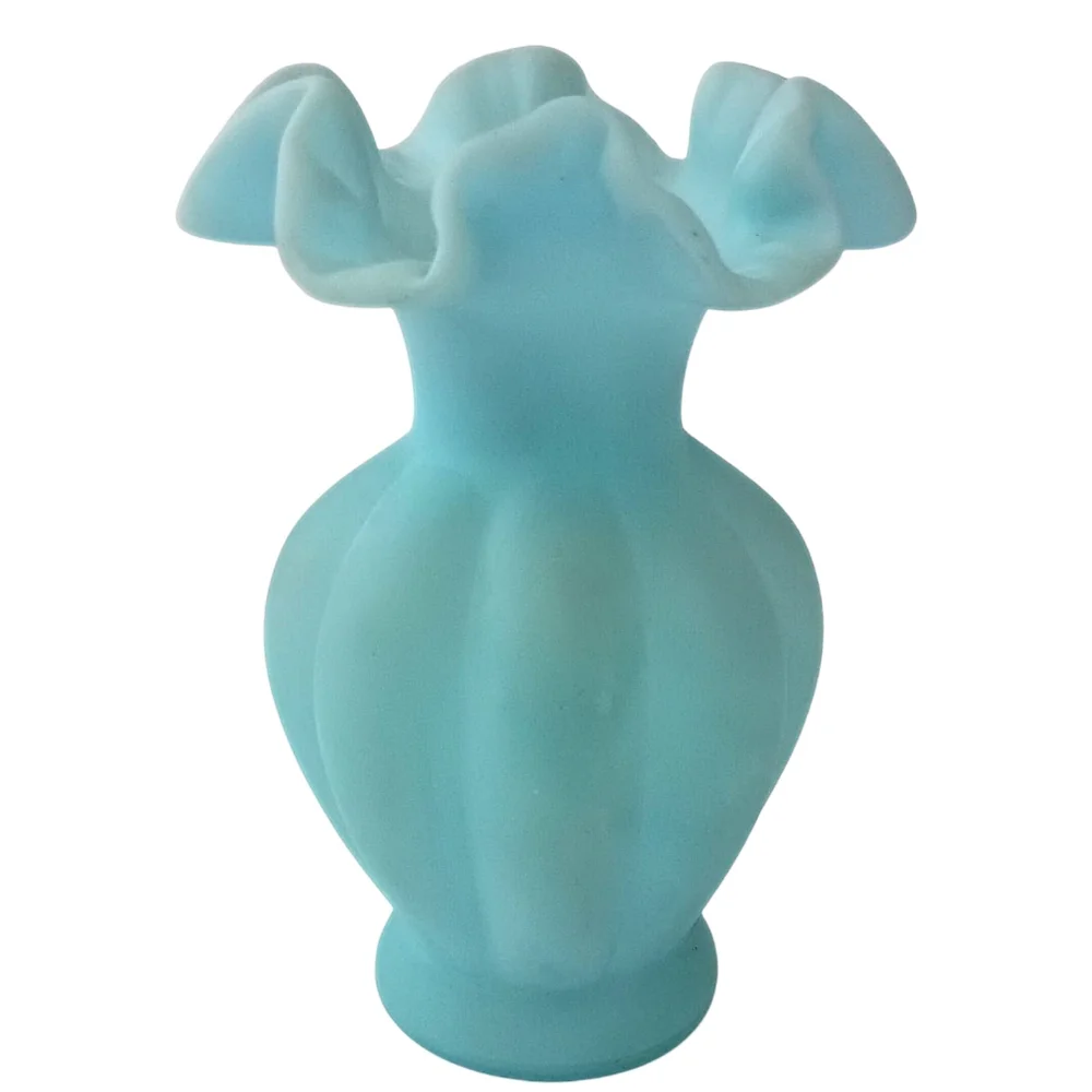 Fenton Satin Art Glass Vase Sky‎ Blue Melon Ruffled Edge Vintage Cottage Garden